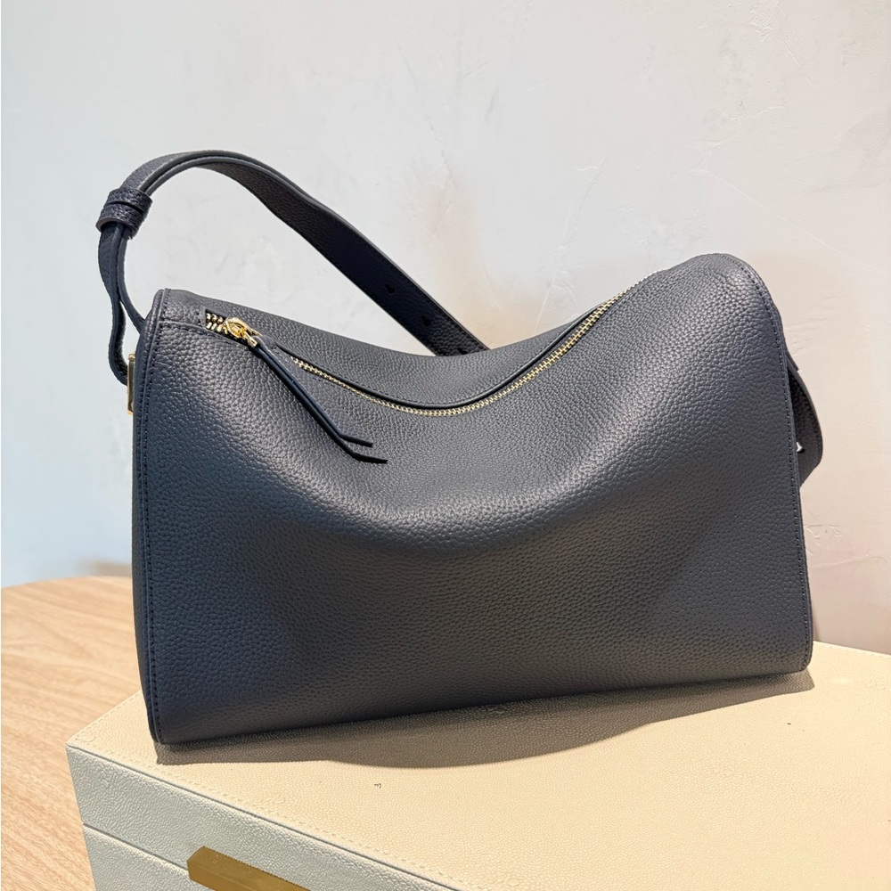 Elegant Dark Blue on Gold Leather Shoulder Bag